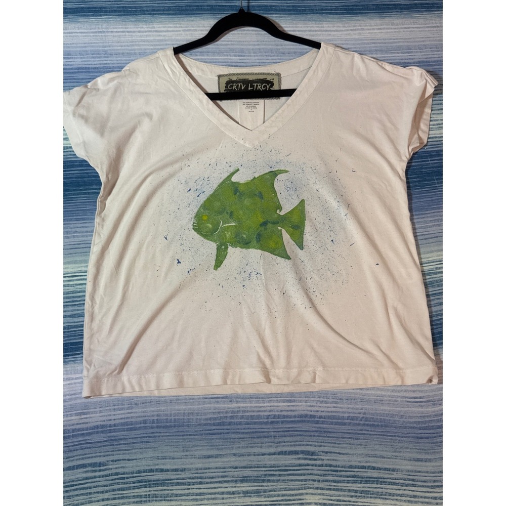 Upcycled Green Fish Block Print V-Neck Top White Sun Collection Womens XL